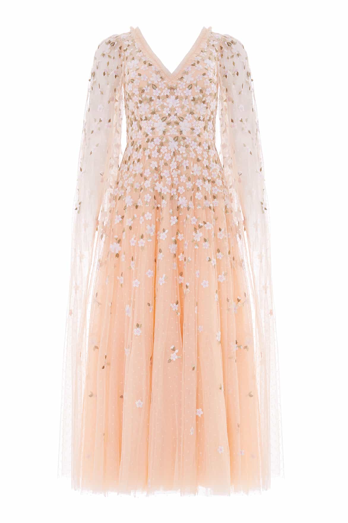 Needle & Thread Camellia Ditsy Cape Sleeve Ankle Gown in Apricot Blush/Multi - Dresses - British Luxury Evening Wear at Luxury Shoes 