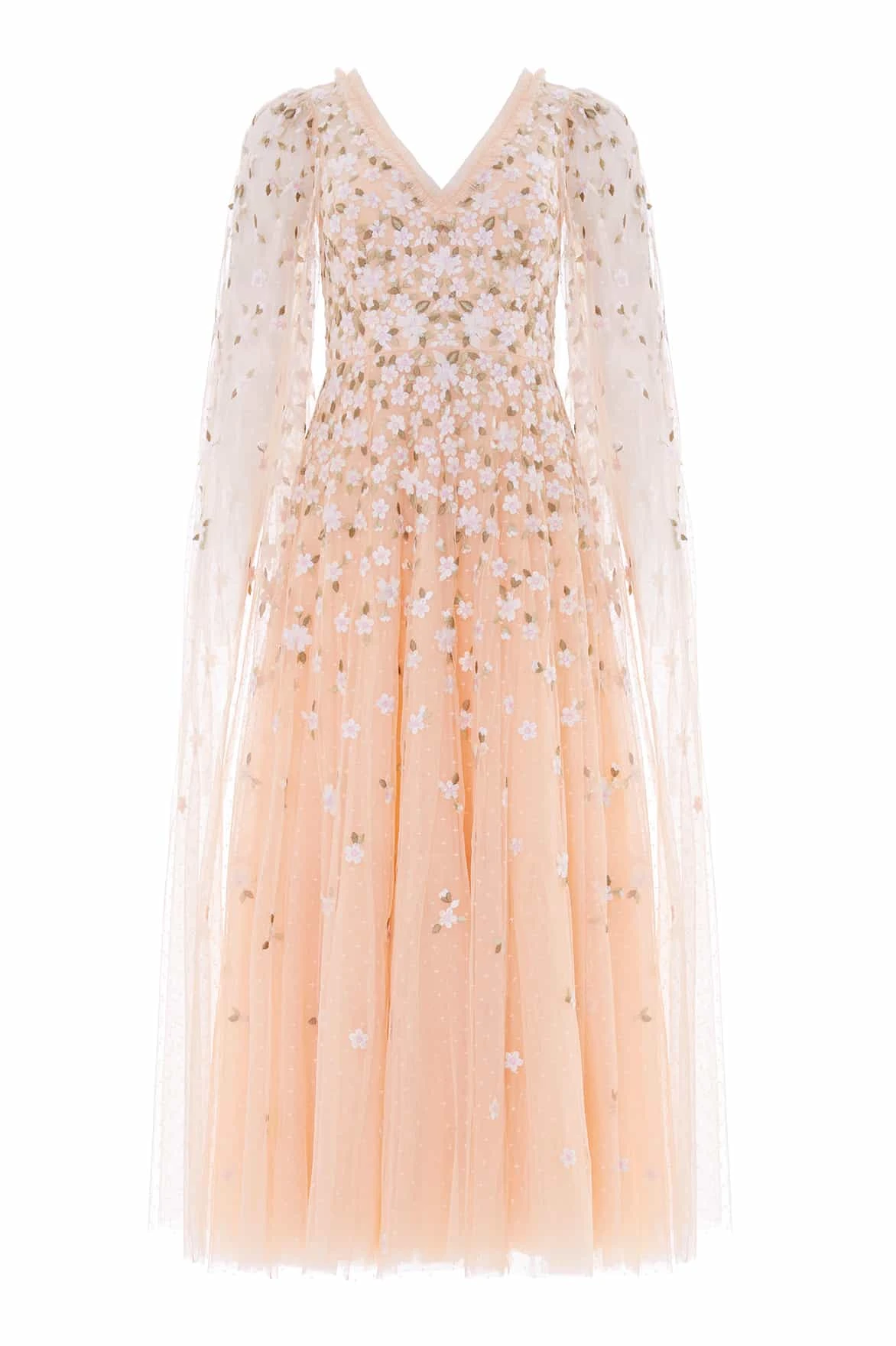 Needle and Thread Camellia Ditsy Cape Sleeve Ankle Gown in Apricot Blush/Multi