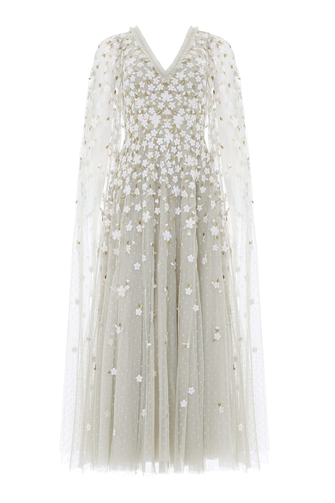 Needle & Thread Camellia Ditsy Cape Sleeve Ankle Gown in Seafoam/Multi - Dresses - British Luxury Evening Wear at Luxury Shoes 
