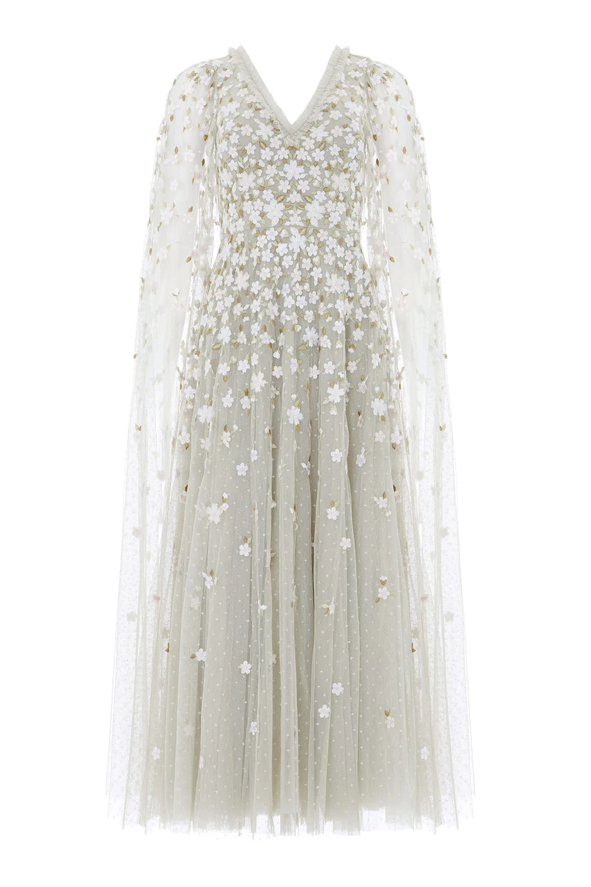 Needle and Thread Camellia Ditsy Cape Sleeve Ankle Gown in Seafoam/Multi
