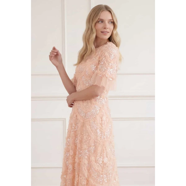 Needle and Thread Carmen Ruffle Ankle Gown in Apricot Blush, view 3