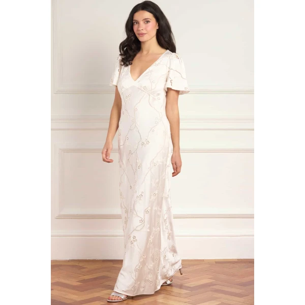 Needle and Thread Cherry Blossom Satin Short Sleeve Gown in Cream, view 2