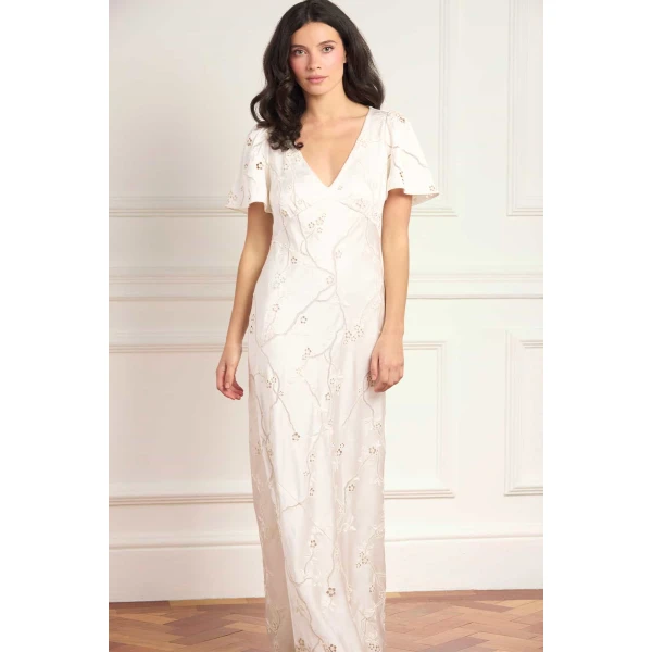 Needle and Thread Cherry Blossom Satin Short Sleeve Gown in Cream, view 3