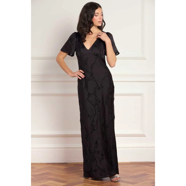Needle and Thread Cherry Blossom Satin Short Sleeve Gown in Jet Black, view 2