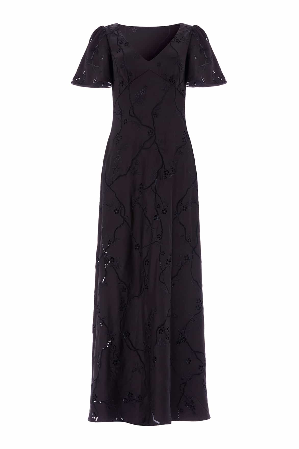 Needle & Thread Cherry Blossom Satin Short Sleeve Gown in Jet Black - Dresses - British Luxury Evening Wear at Luxury Shoes 
