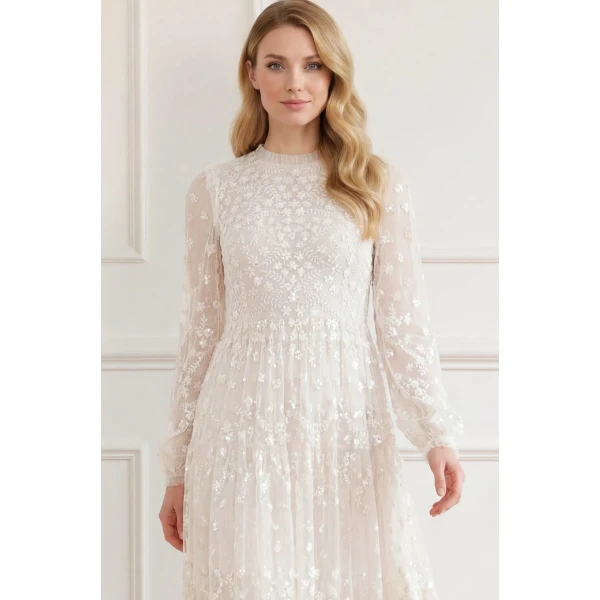Needle and Thread Clover Long Sleeve Ankle Gown in Cream, view 3