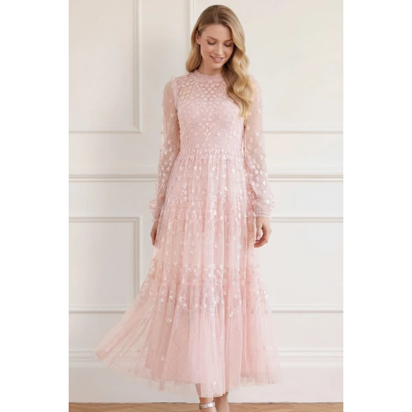 Needle and Thread Clover Long Sleeve Ankle Gown in Shell, view 2
