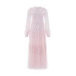 Needle and Thread Clover Long Sleeve Ankle Gown in Shell
