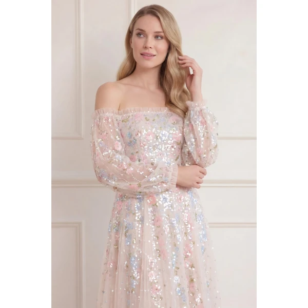Needle and Thread Confetti Gloss Off-Shoulder Ballerina Dress in Cream/Bright, view 3