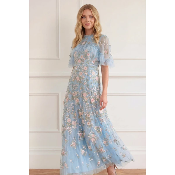 Needle and Thread Eden Rose Cape Ankle Gown in Aqua/Multi, view 3
