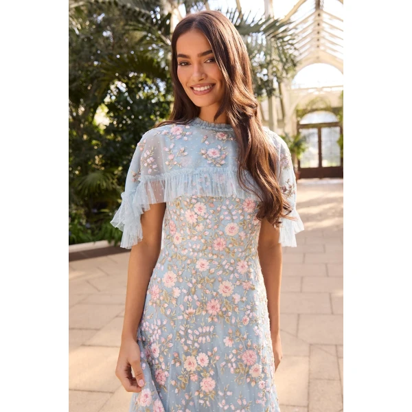 Needle and Thread Eden Rose Cape Ankle Gown in Aqua/Multi, view 6
