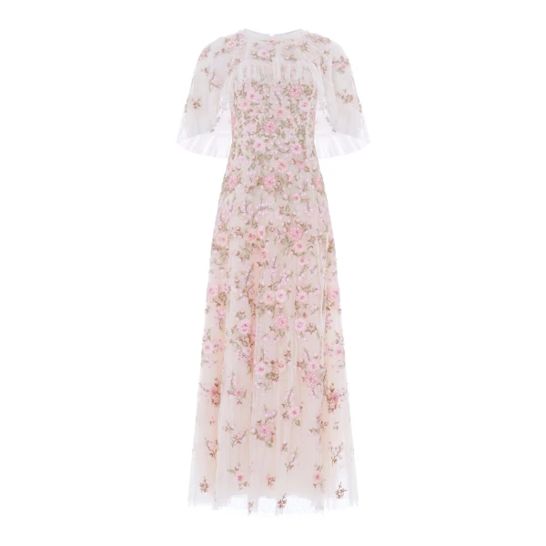 Needle & Thread Eden Rose Cape Ankle Gown in Cream/Multi - Dresses - British Luxury Evening Wear at Luxury Shoes 