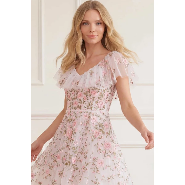 Needle and Thread Eden Rose V-Neck Micro Mini Dress in Swan White/Multi, view 3