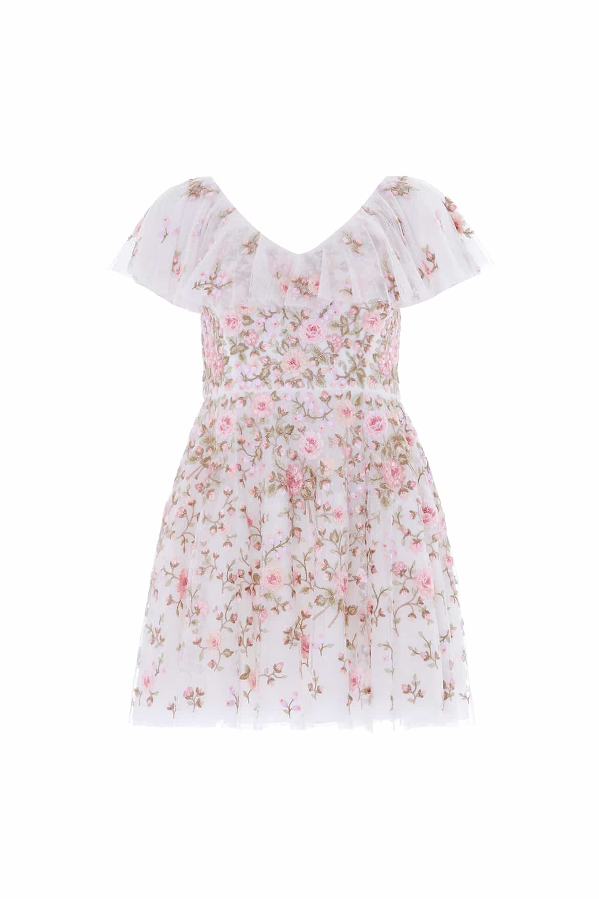 Needle & Thread Eden Rose V-Neck Micro Mini Dress in Swan White/Multi - Dresses - British Luxury Evening Wear at Luxury Shoes 