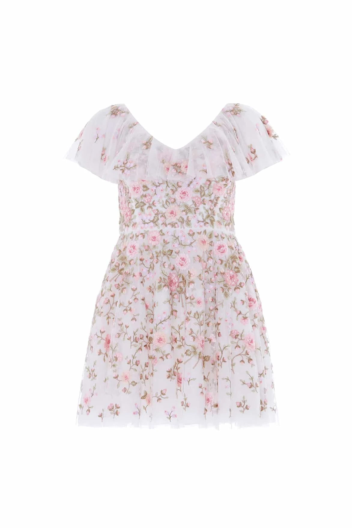 Needle and Thread Eden Rose V-Neck Micro Mini Dress in Swan White/Multi