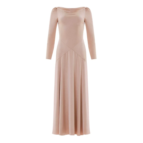 Needle and Thread Evangeline Satin Cowl Neck Long Sleeve Gown in Biscui