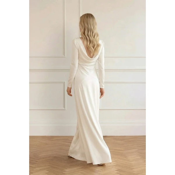 Needle and Thread Evangeline Satin Cowl Neck Long Sleeve Gown in Chalk, view 5