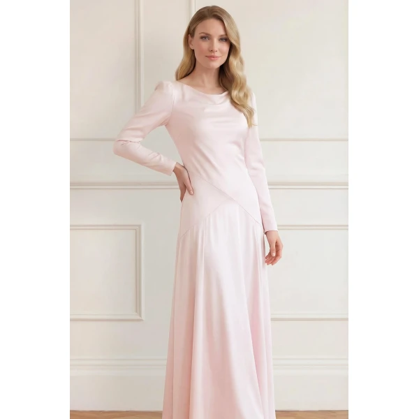 Needle and Thread Evangeline Satin Cowl Neck Long Sleeve Gown in Shell, view 2