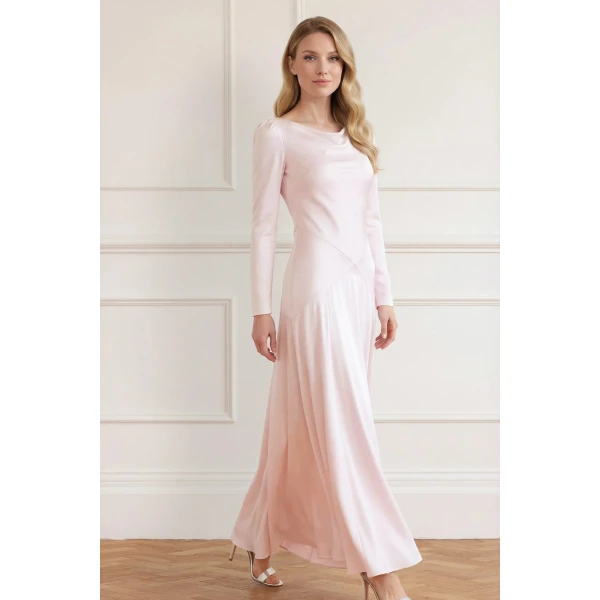 Needle and Thread Evangeline Satin Cowl Neck Long Sleeve Gown in Shell, view 3