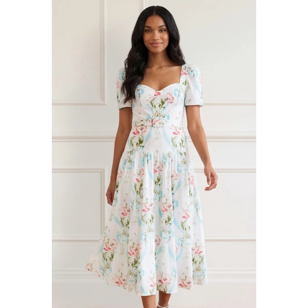 Needle and Thread Floral Ribbon Cotton Ballerina Dress in Optic White/Blue, view 2
