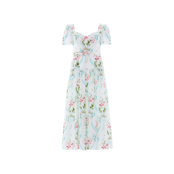 Needle and Thread Floral Ribbon Cotton Ballerina Dress in Optic White/Blue