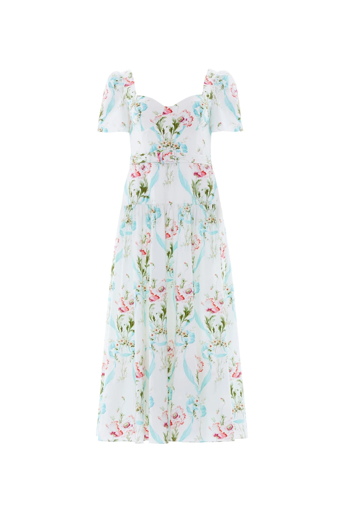 Needle and Thread Floral Ribbon Cotton Ballerina Dress in Optic White/Blue