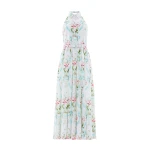 Needle and Thread Floral Ribbon Cotton Halter Ankle Gown in Optic White/Blue