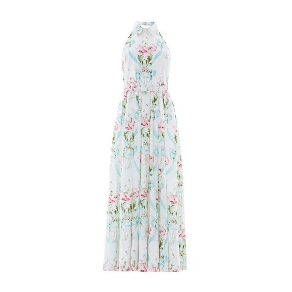 Needle and Thread Floral Ribbon Cotton Halter Ankle Gown in Optic White/Blue