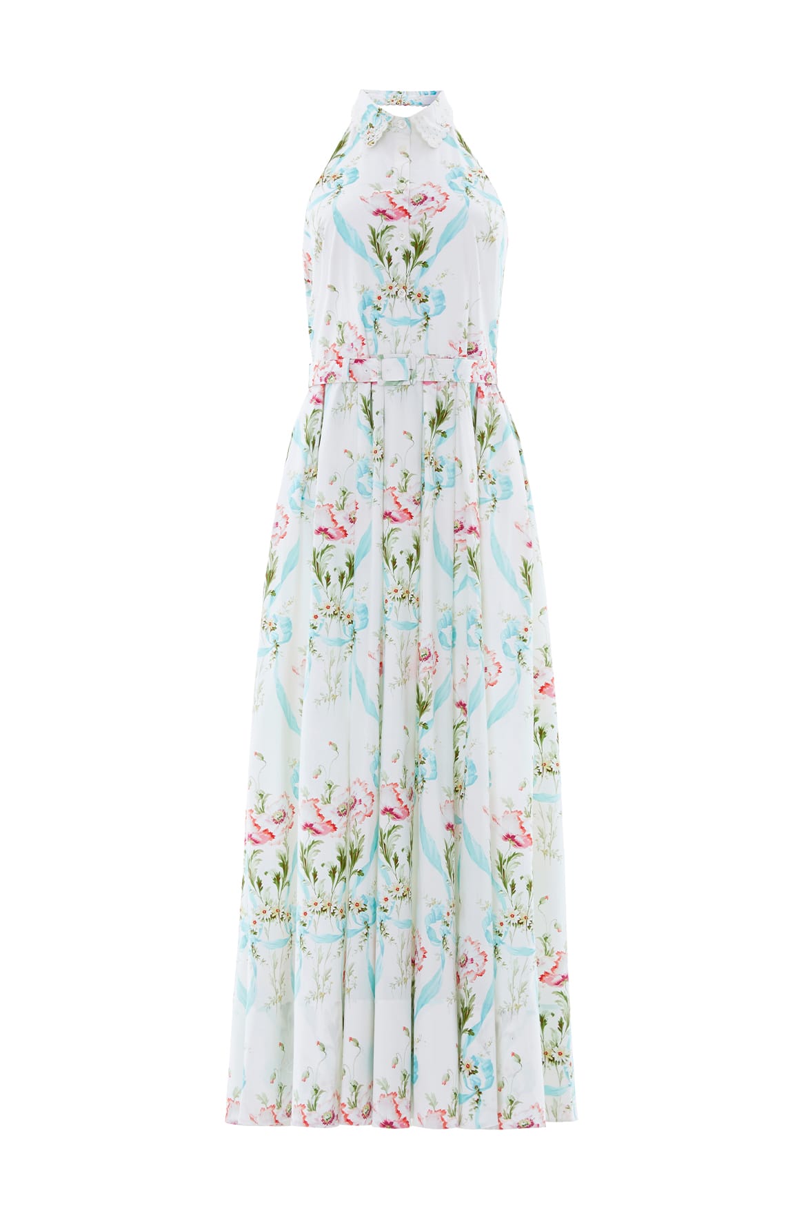Needle & Thread Floral Ribbon Cotton Halter Ankle Gown in Optic White/Blue - Dresses - British Luxury Evening Wear at Luxury Shoes 