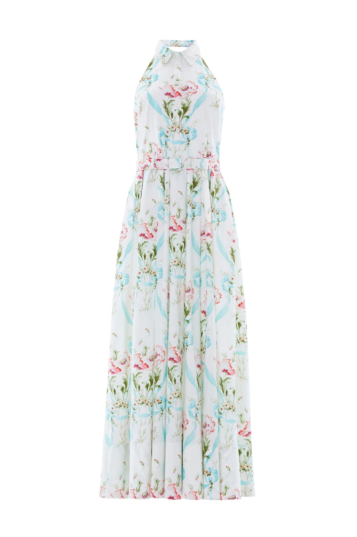 Needle and Thread Floral Ribbon Cotton Halter Ankle Gown in Optic White/Blue