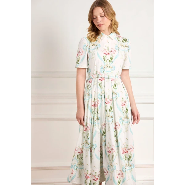 Needle and Thread Floral Ribbon Cotton Short Sleeve Ballerina Dress in Optic White/Blue, view 2