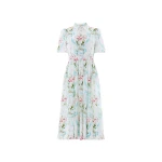 Needle and Thread Floral Ribbon Cotton Short Sleeve Ballerina Dress in Optic White/Blue