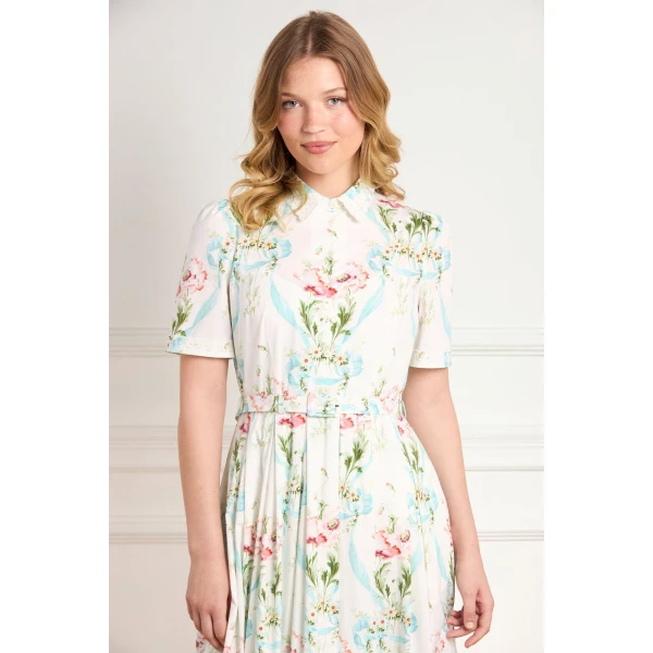 Needle and Thread Floral Ribbon Cotton Short Sleeve Ballerina Dress in Optic White/Blue, view 4