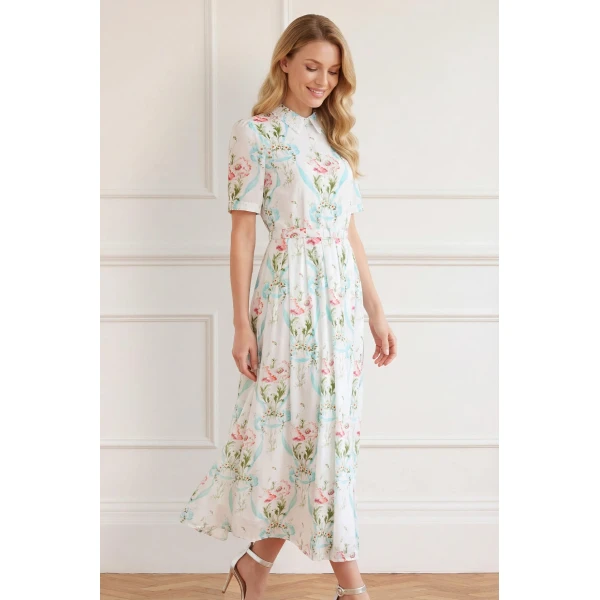 Needle and Thread Floral Ribbon Cotton Short Sleeve Ballerina Dress in Optic White/Blue, view 6