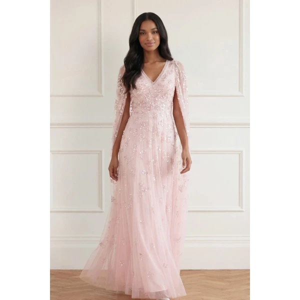 Needle and Thread Freesia Shimmer Cape Sleeve Ankle Gown in Opal, view 2