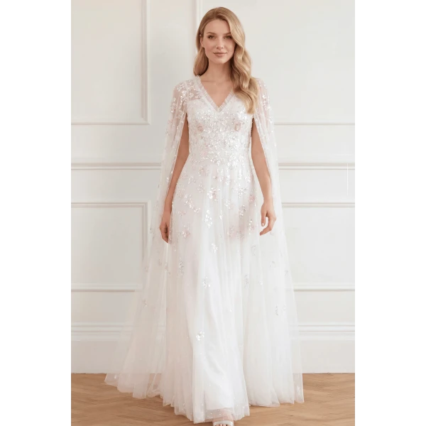 Needle and Thread Freesia Shimmer Cape Sleeve Ankle Gown in Swan White/Pink, view 3