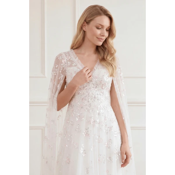 Needle and Thread Freesia Shimmer Cape Sleeve Ankle Gown in Swan White/Pink, view 5