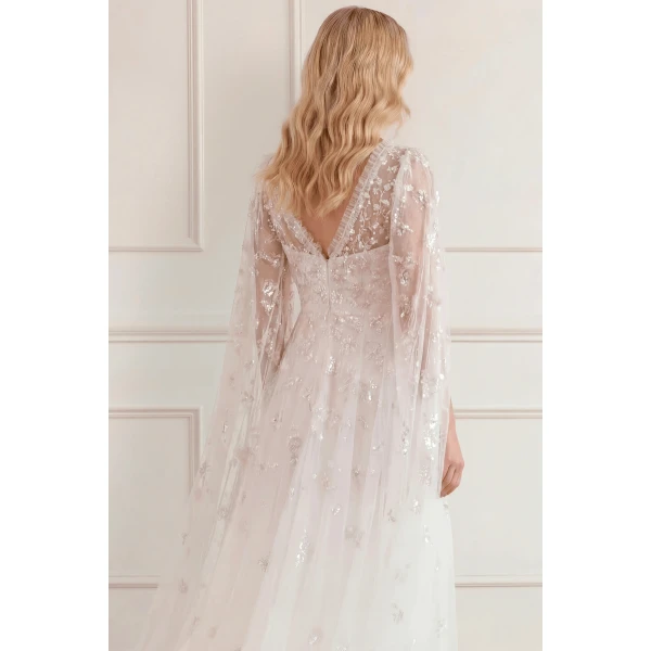 Needle and Thread Freesia Shimmer Cape Sleeve Ankle Gown in Swan White/Pink, view 6
