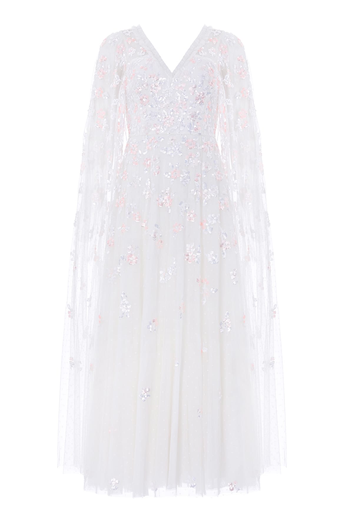 Needle & Thread Freesia Shimmer Cape Sleeve Ankle Gown in Swan White/Pink - Dresses - British Luxury Evening Wear at Luxury Shoes 