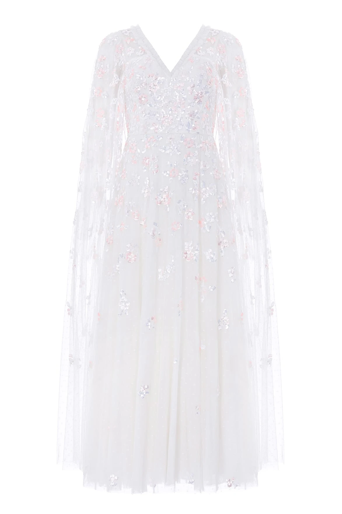 Needle & Thread Freesia Shimmer Cape Sleeve Ankle Gown in Swan White/Pink - Dresses - British Luxury Evening Wear at Luxury Shoes Needle and Thread Freesia Shimmer Cape Sleeve Ankle Gown in Swan White/Pink