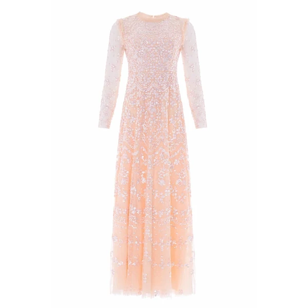 Needle & Thread Freya Long Sleeve Gown in Apricot Blush - Dresses - British Luxury Evening Wear at Luxury Shoes 