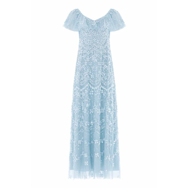 Needle & Thread Freya V-Neck Gown in Aqua - Dresses - British Luxury Evening Wear at Luxury Shoes 