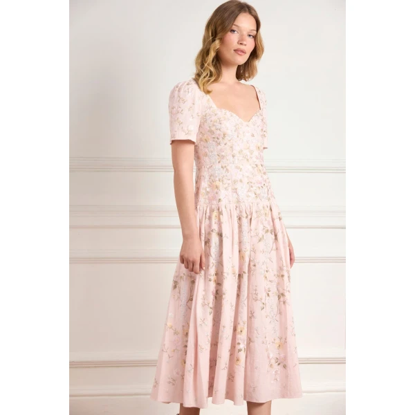 Needle and Thread Garden Rose Linen Blend Ballerina Dress in Shell/Pastel Blue, view 2