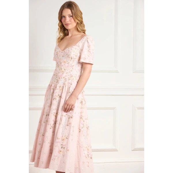 Needle and Thread Garden Rose Linen Blend Ballerina Dress in Shell/Pastel Blue, view 3
