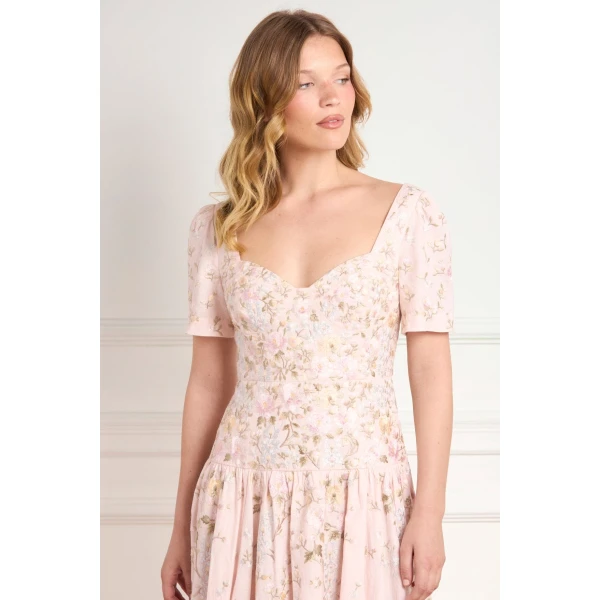 Needle and Thread Garden Rose Linen Blend Ballerina Dress in Shell/Pastel Blue, view 4