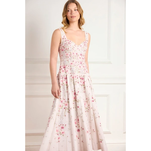 Needle and Thread Garden Rose Linen Blend Sleeveless Ankle Gown in Swan White/Bright, view 3