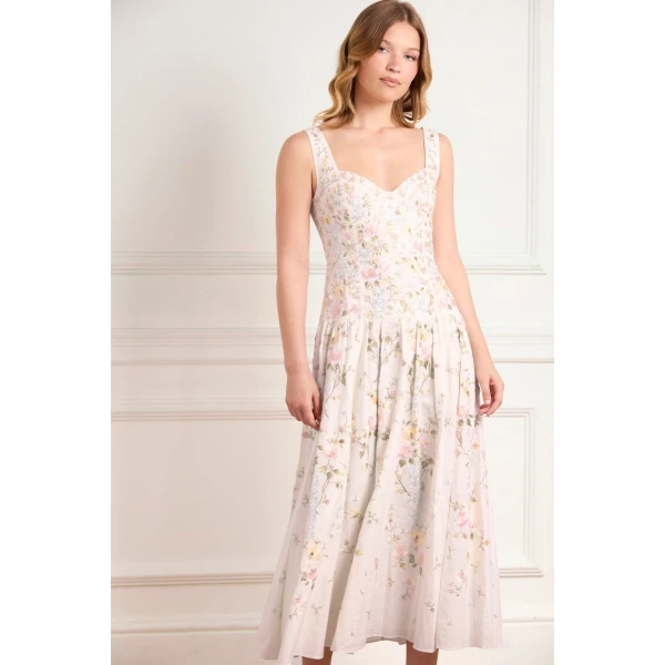 Needle and Thread Garden Rose Linen Blend Sleeveless Ankle Gown in Swan White/Pastel Blue, view 2