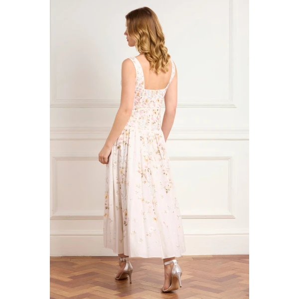 Needle and Thread Garden Rose Linen Blend Sleeveless Ankle Gown in Swan White/Pastel Blue, view 4