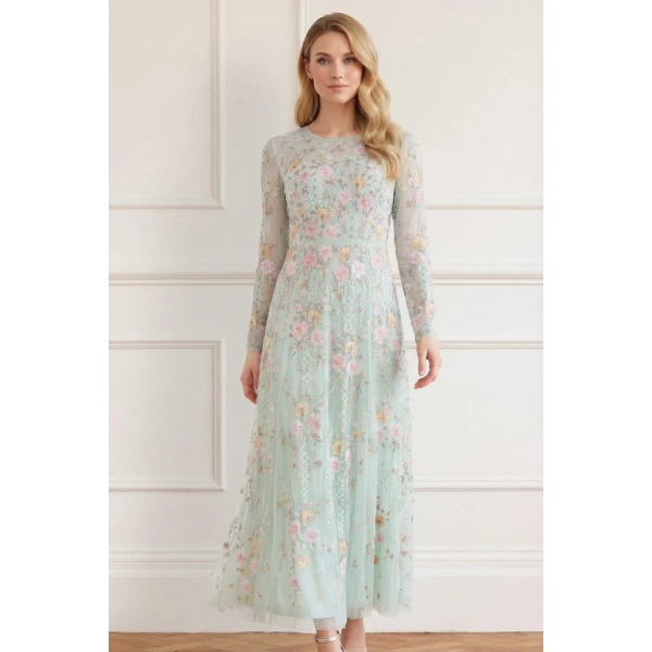Needle and Thread Garden Rose Long Sleeve Ankle Gown in Sea Mist/Pastel Mint, view 2