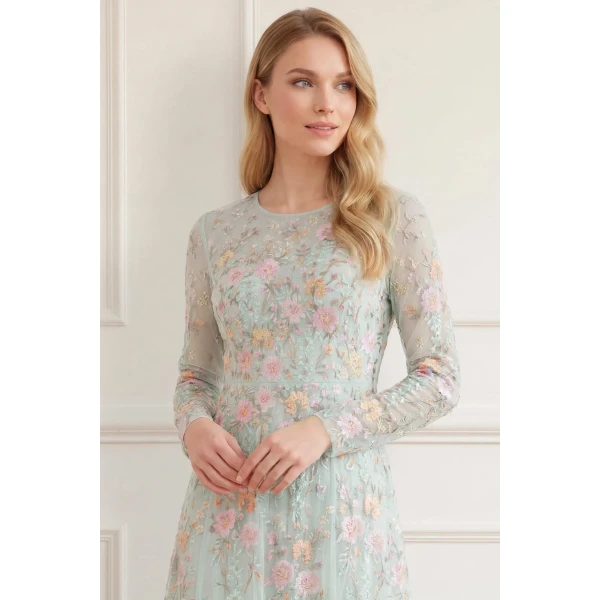 Needle and Thread Garden Rose Long Sleeve Ankle Gown in Sea Mist/Pastel Mint, view 3
